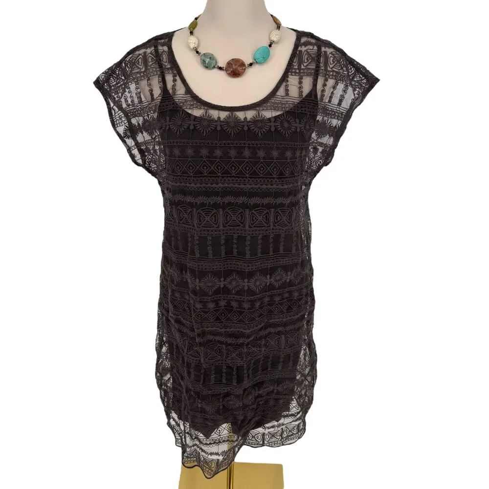 Garnet Hill Lace Dress 4 Brown Taupe Embroidered Lined Shift Slip Scalloped Hem - Picture 3 of 14